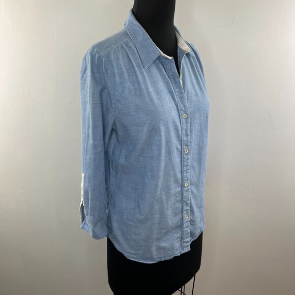 7 For All Mankind Chambray White Detail Button Down 3/4 Sleeve Shirt M Medium - Picture 3 of 8
